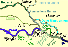Oude en nieuwe zijarmen van de delta van de Rijn en de Waal in Oost-Gelderland